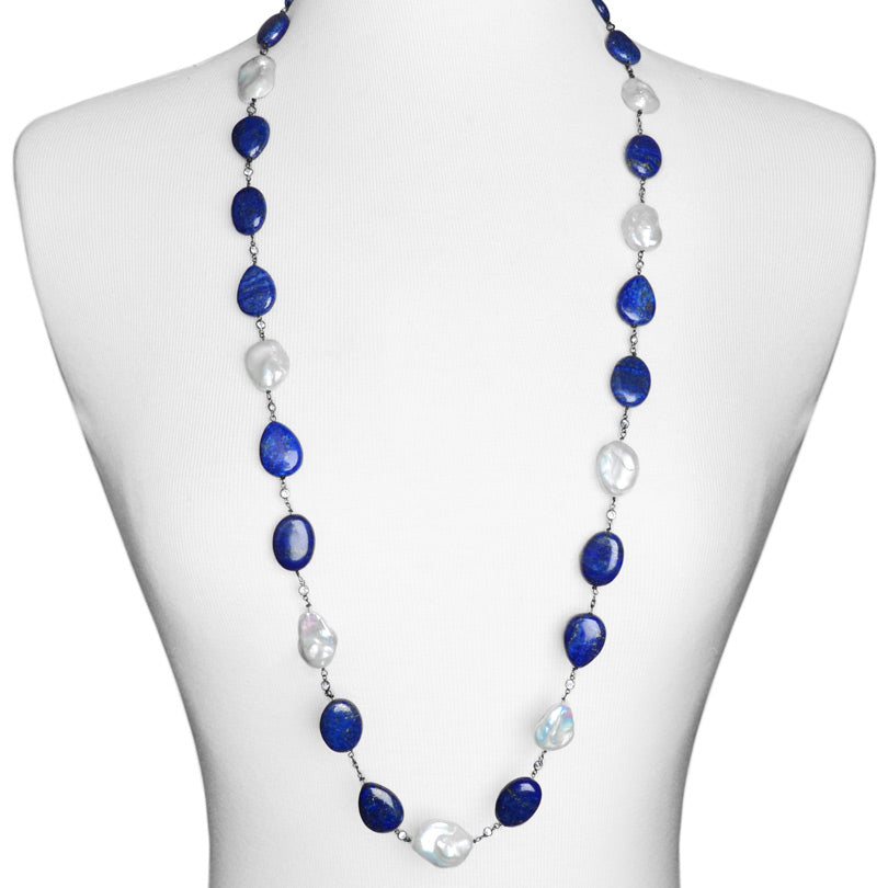 Stunning Lapis and Fresh Water Pearl With Sparkling Crystal Long Statement Necklace-46"