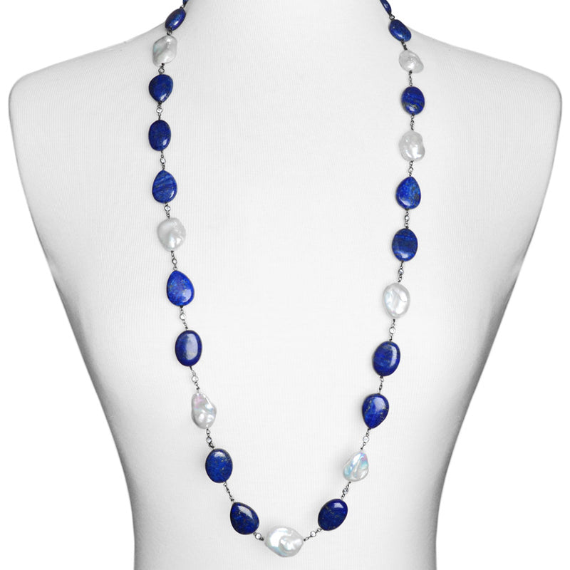 Stunning Lapis and Fresh Water Pearl With Sparkling Crystal Long Statement Necklace-46