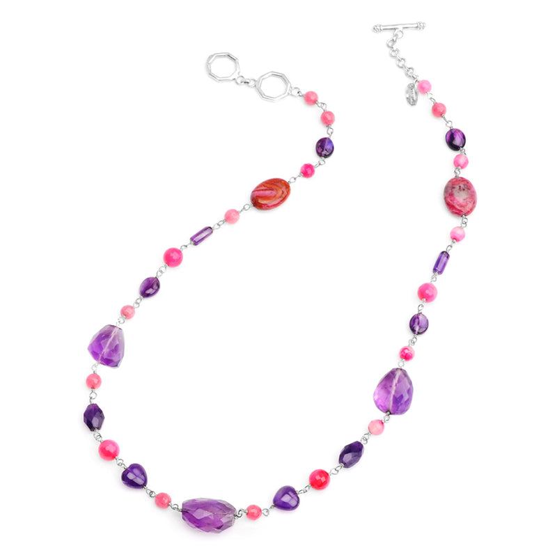 Jewel Stones of Amethyst, Pink Agate and Jasper Sterling Silver Necklace