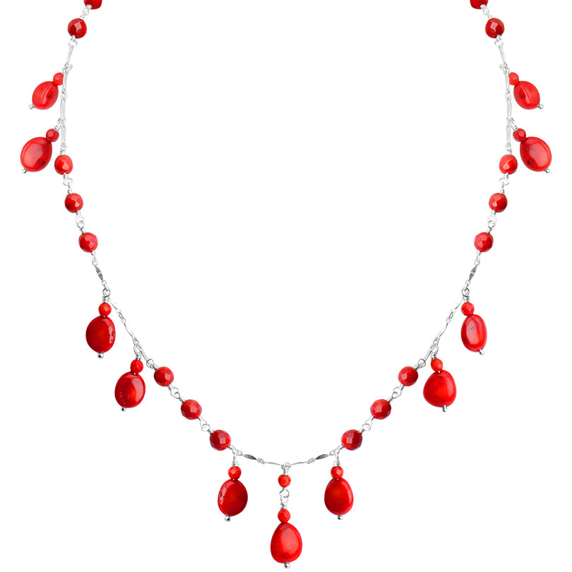 Petite Red Bamboo Coral Drops Sterling Silver "Happy" Necklace