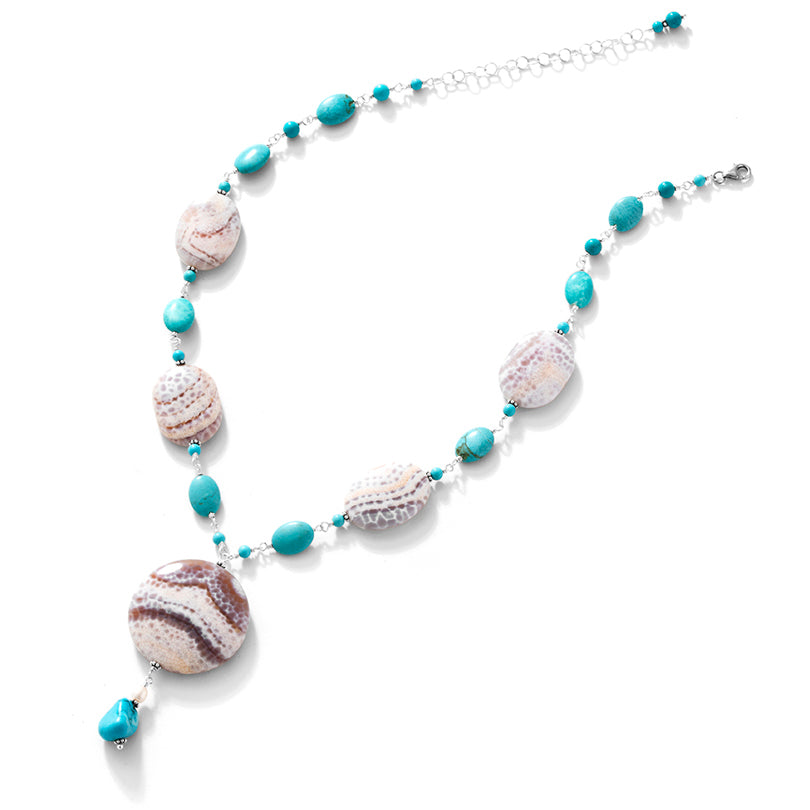 Gorgeous Sedona Striped Frosty Agate and Turquoise Sterling Silver Statement Necklace