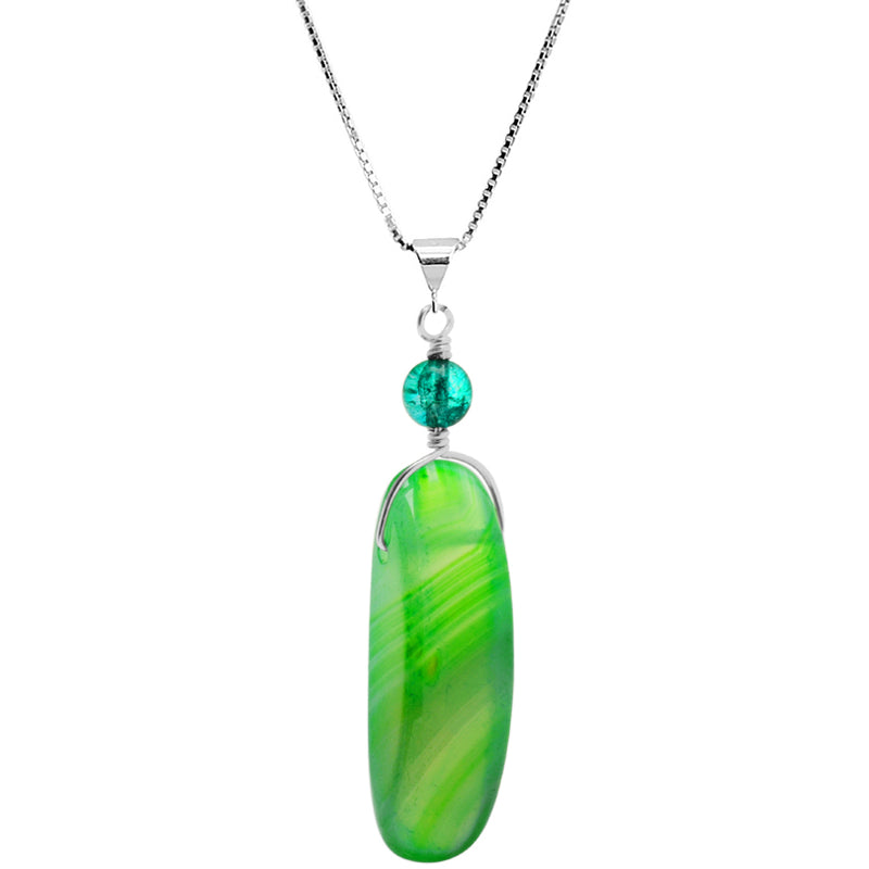 Green Agate and Tourmaline Color Glass Sterling Silver Necklace