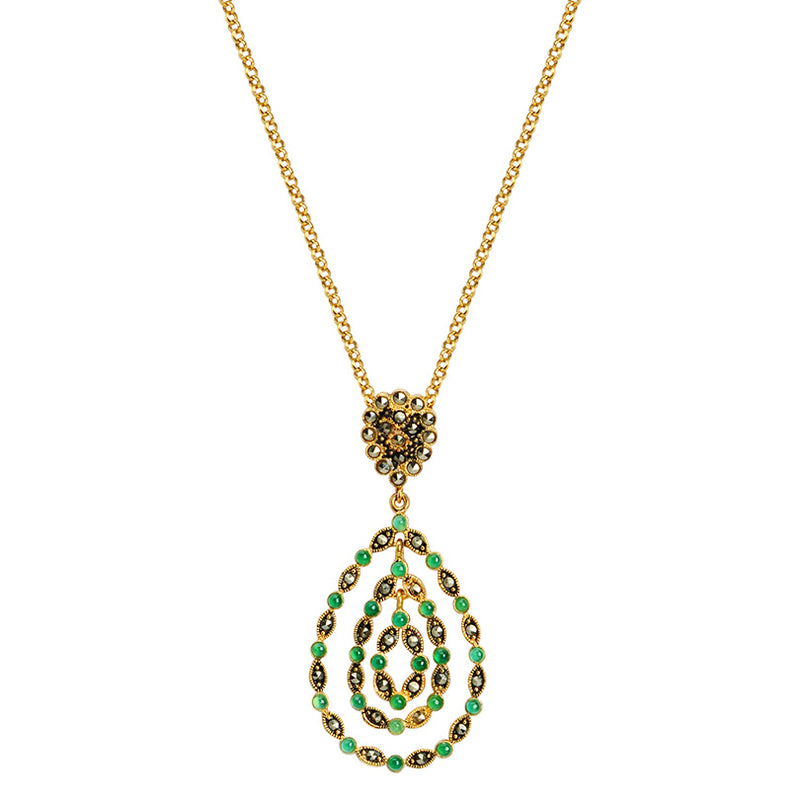 Emerald Green Agate and Marcasite Gold Plated Vintage Teardrop Design Necklace