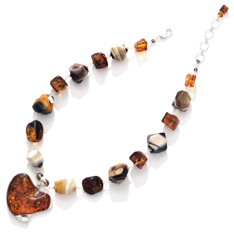 Designer Baltic Amber Heart & Striped Agate Sterling Silver Statement Necklace