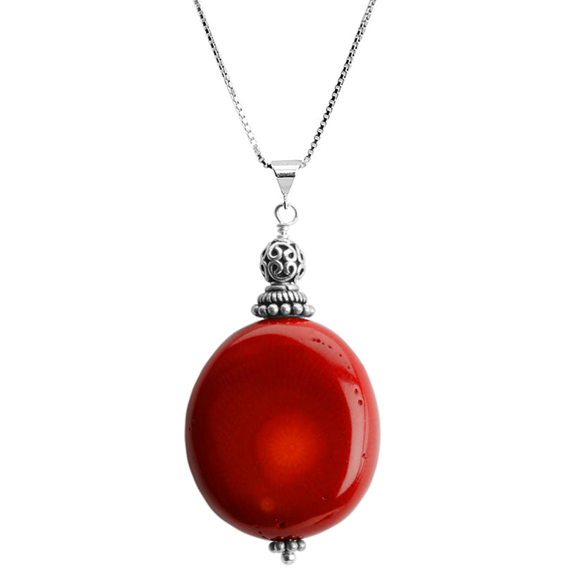 Elegant Large Red Coral Stone Balinese Sterling Silver Necklace