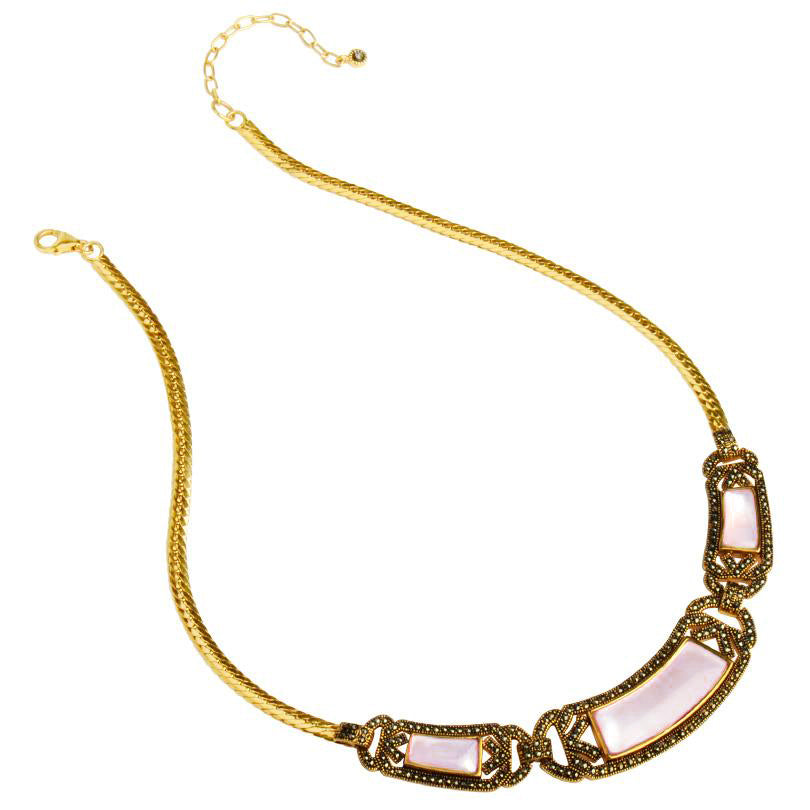 Simple Elegance Pink Mother of Pearl and Marcasite Gold Plated Statement Necklace
