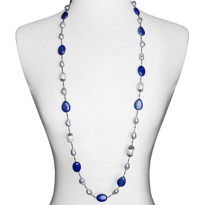 Stylish Lapis & Pearl with Hematite and Crystal Accents Necklace -44