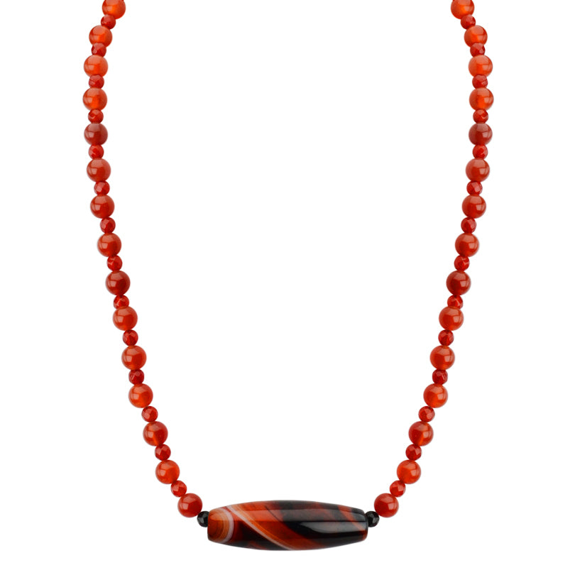 Gorgeous Striped Agate with Vibrant Orange Carnelian Beaded Neckline Sterling Silver Necklace