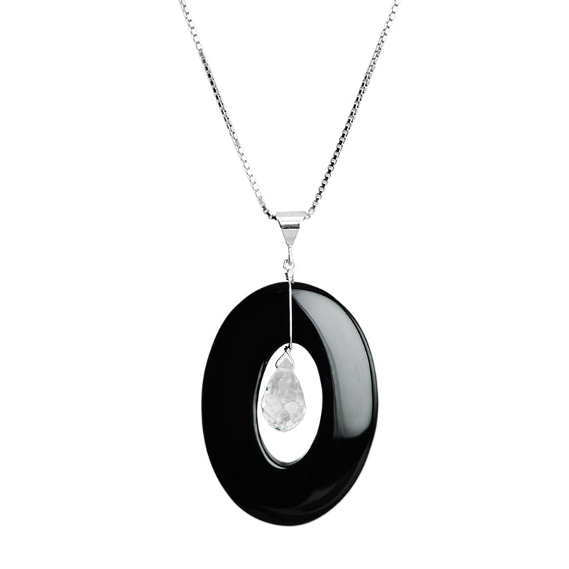 Elegant Black Onyx with Sparkling Faceted Crystal Sterling Silver Necklace