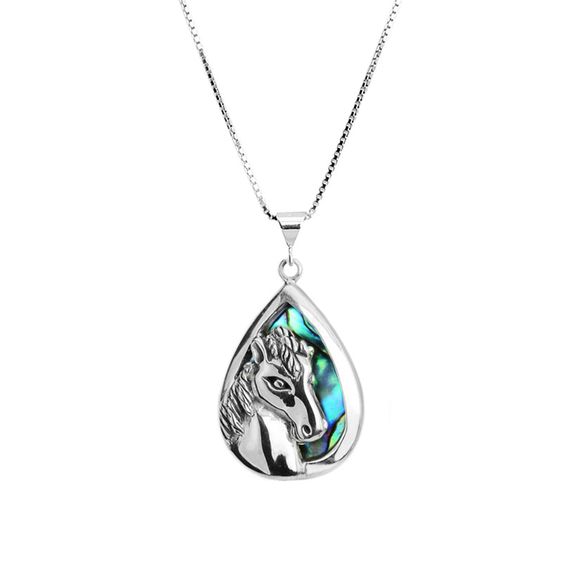 Petite Silver Horse on Abalone Background on Rhodium Plated Sterling Silver Necklace