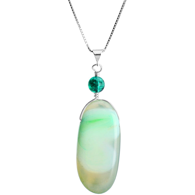 Green Agate Agate and Tourmaline Glass Sterling Silver Pendant Necklace.