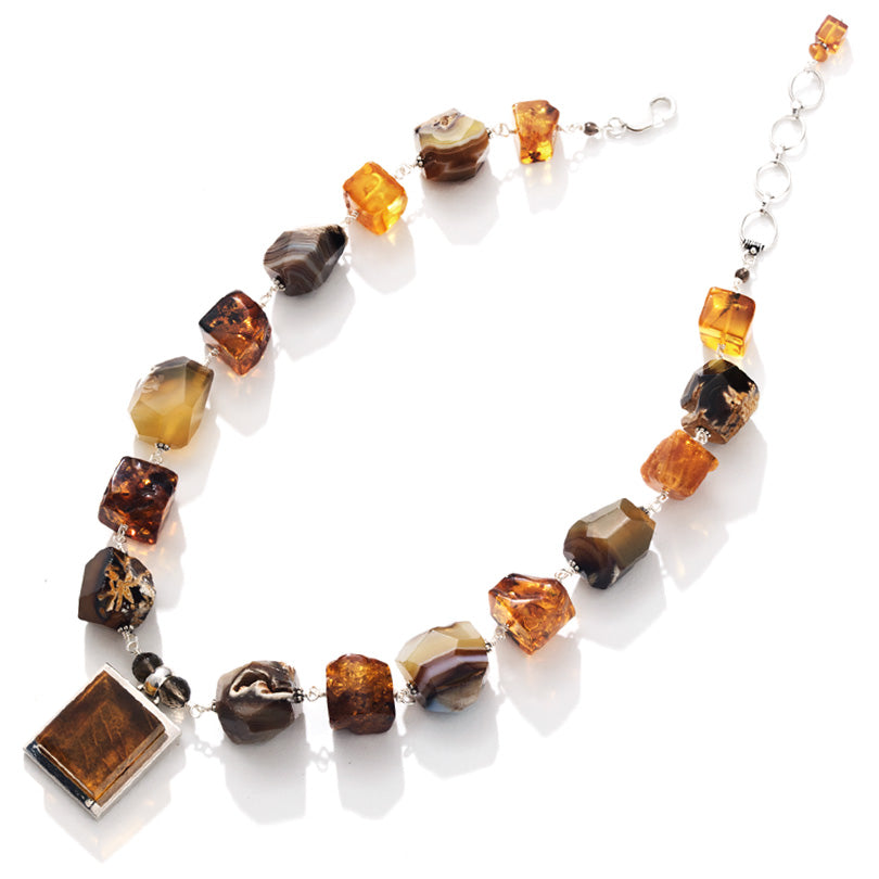 Designer Baltic Amber & Striped Agate Sterling Silver Statement Necklace