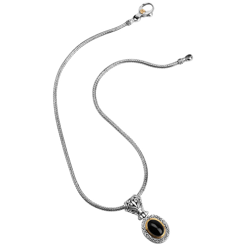 deGruchy Balinese Black Onyx Drop with Gold Trim Sterling Silver Bali Weave Necklace 16