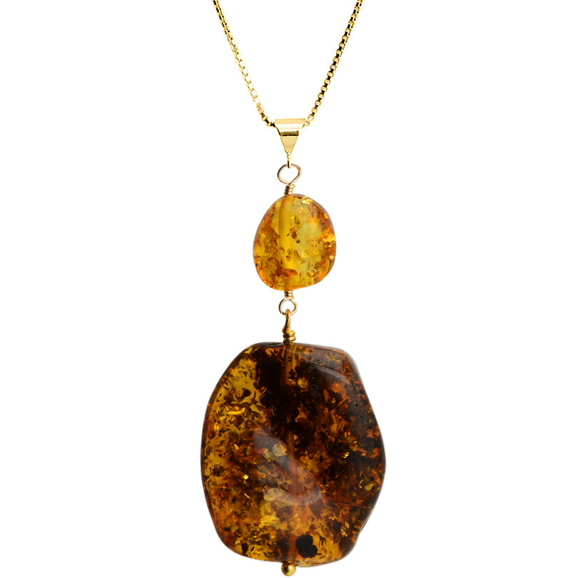 Large Cognac Baltic Amber Stone Vermeil Necklace 16" - 18"