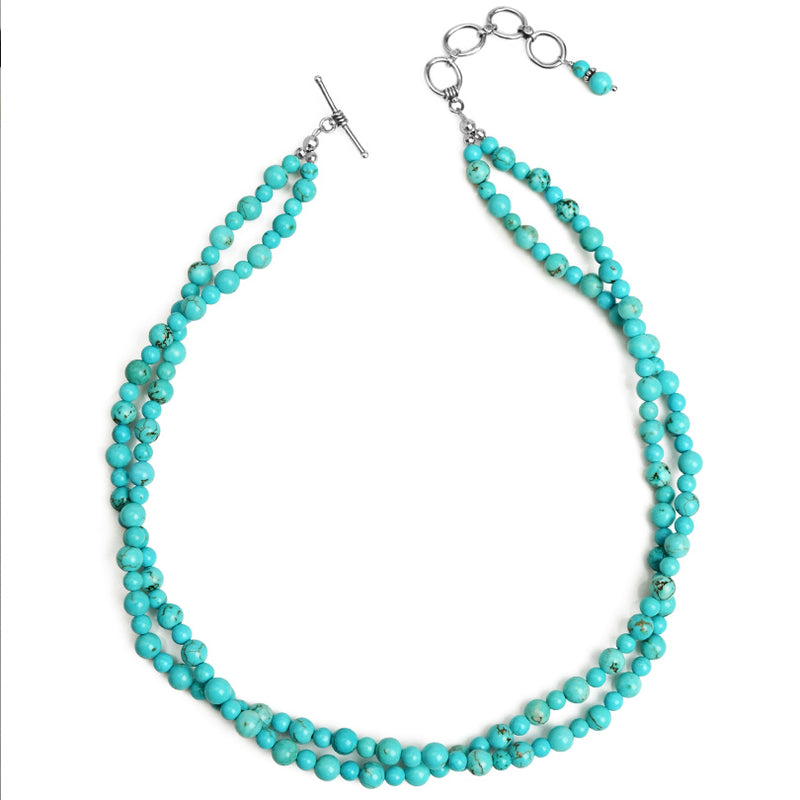Soft Blue Magnesite Turquoise Double Strand Sterling Silver Beaded Necklace