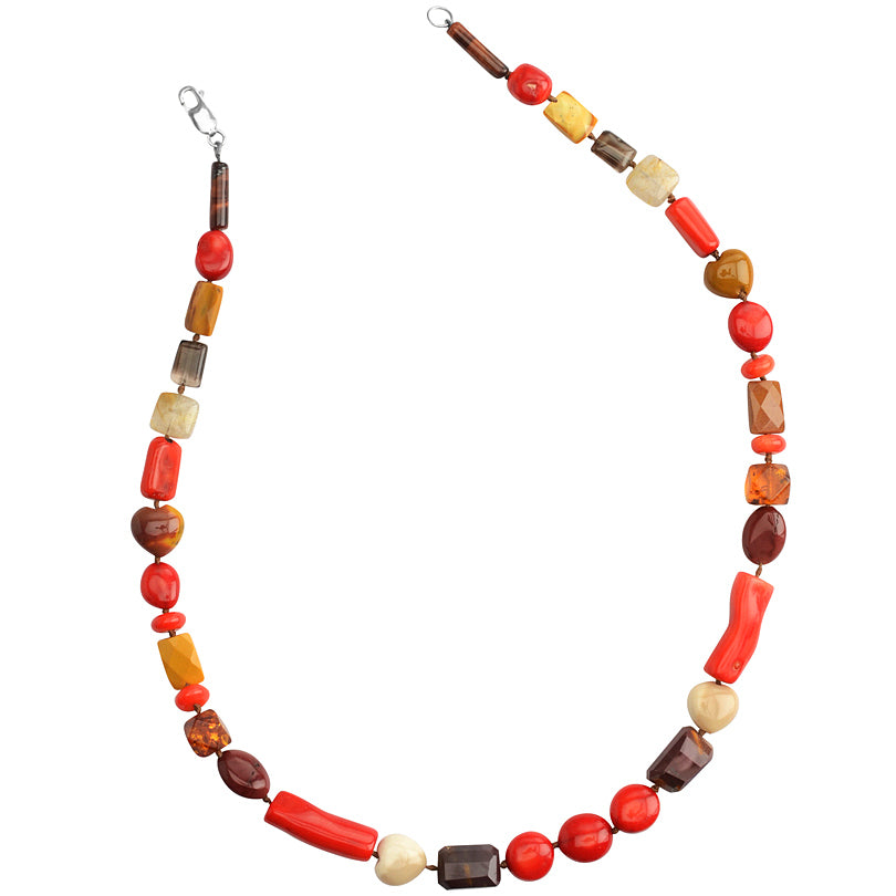 Cheerful Coral and Mixed Natural Stones Sterling Silver Necklace