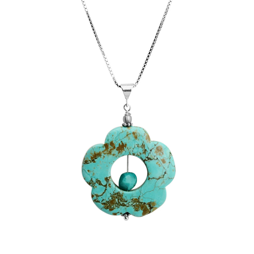 Darling Chalk Turquoise Carved Flower Sterling Silver Flower Necklace