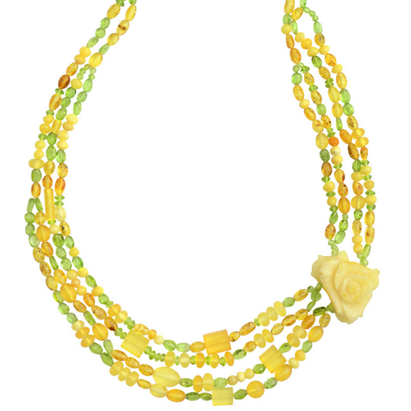 Gorgeous Polish Designer Hand Carved Baltic Butterscotch Amber with Peridot Statement Flower Necklace