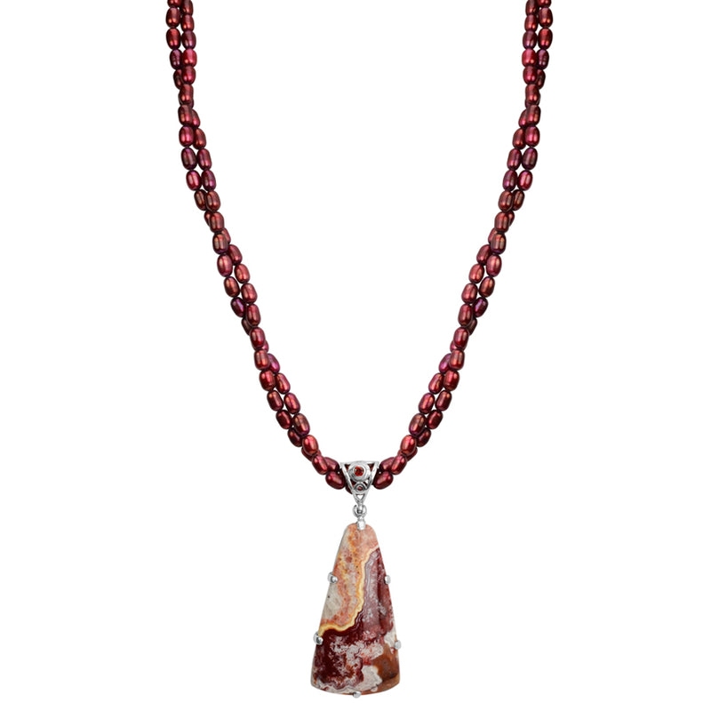 Starborn Crazy Lace Agate on Ruby Pearl Neckline Sterling Silver Statement Necklace