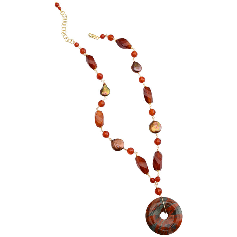 Striking of Natural Fire Carnelian & Blood-Stone Jasper with Gold Filled Accents Necklace 18" - 20"