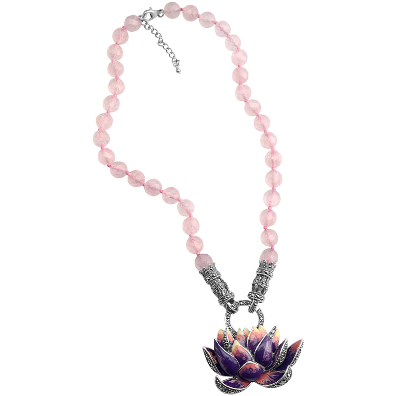 Gorgeous Sterling Purple Lily on Rose Quartz Beads Statement Flower Necklace