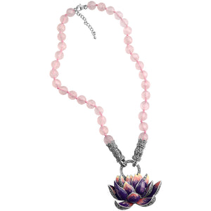 Gorgeous Sterling Purple Lily on Rose Quartz Beads Statement Flower Necklace