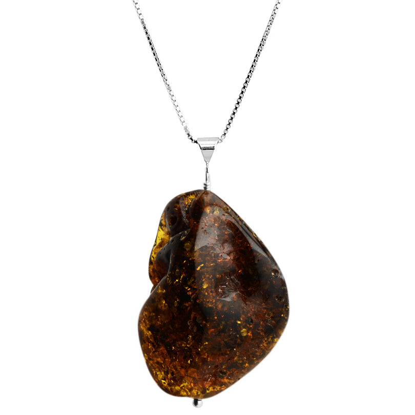 Chunky Dark Cognac Baltic Amber Sterling Silver Necklace