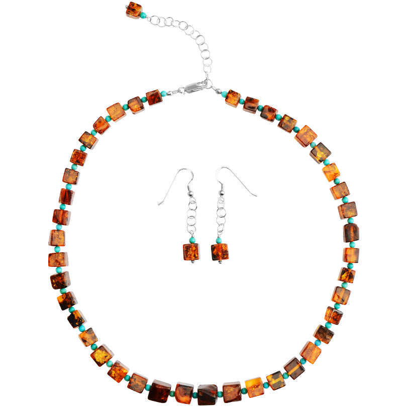 Cognac Baltic Amber and Turquoise Sterling Silver Necklace