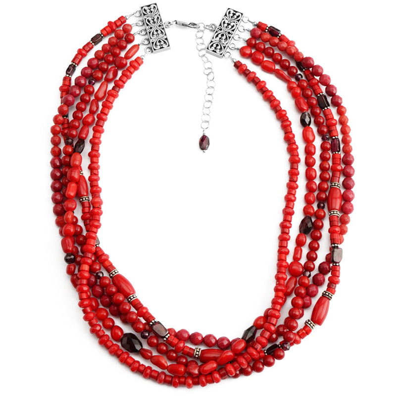 Magnificent Necklace Strands of Coral and Garnet Sterling Silver Statement Necklace 17.5