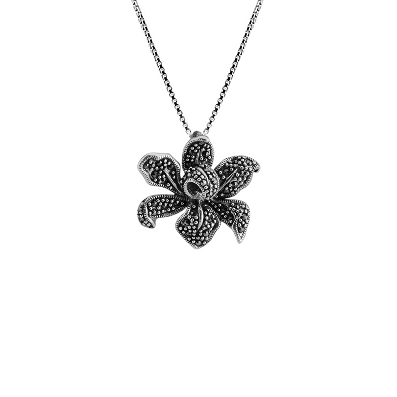 Beautiful Marcasite Orchid Sterling Silver Flower Necklace