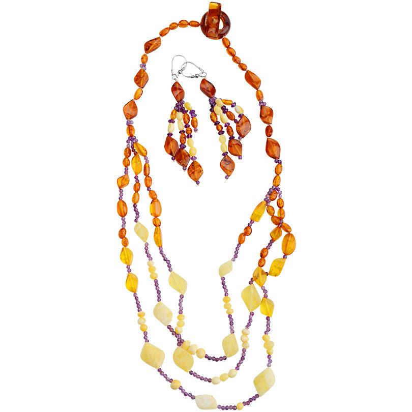 Flirty Strands of Baltic Amber with Amethyst Accents Necklace & Earring Set