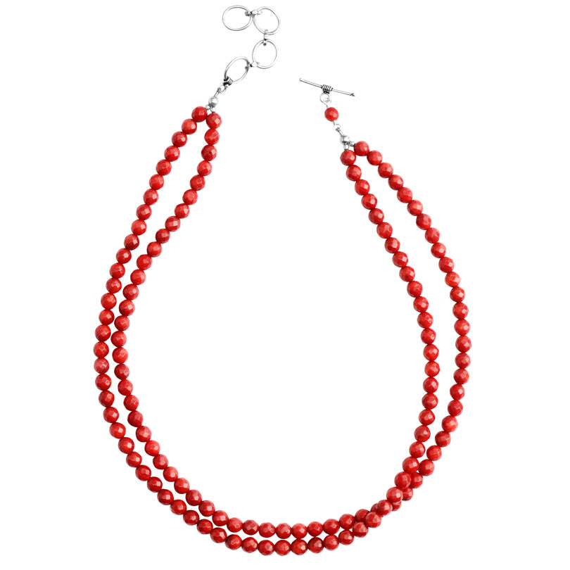 Beautiful Faceted Cherry Red Bamboo Coral Double Strand Sterling Silver Beaded Necklace