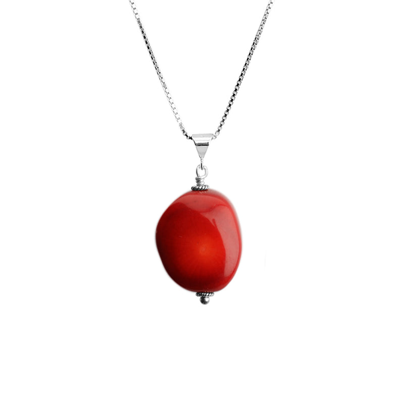 Simple Classic Red Coral Sterling Silver Necklace 18