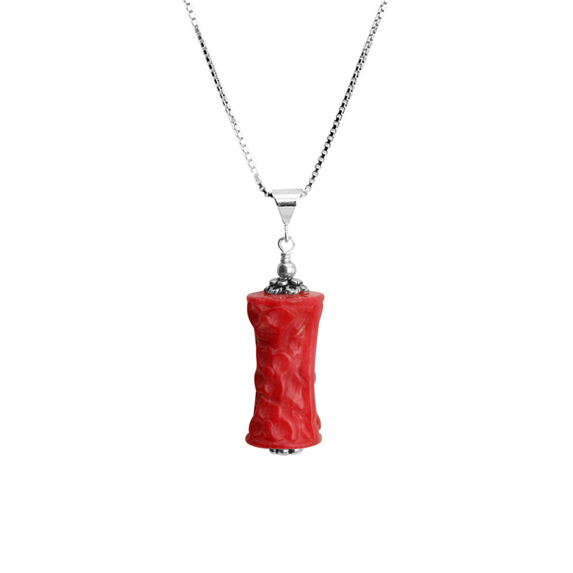Exotic Carved Coral Sterling Silver Pendant