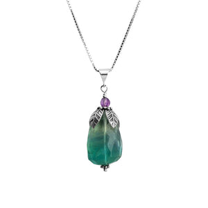 Beutiful Green Fluorite and Amethyst Leaf Design Sterling Silver Necklace