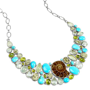 OMG! Bright Blue Genuine Arizona Turquoise with Ammonite and Gemstones Silver Statement Necklace