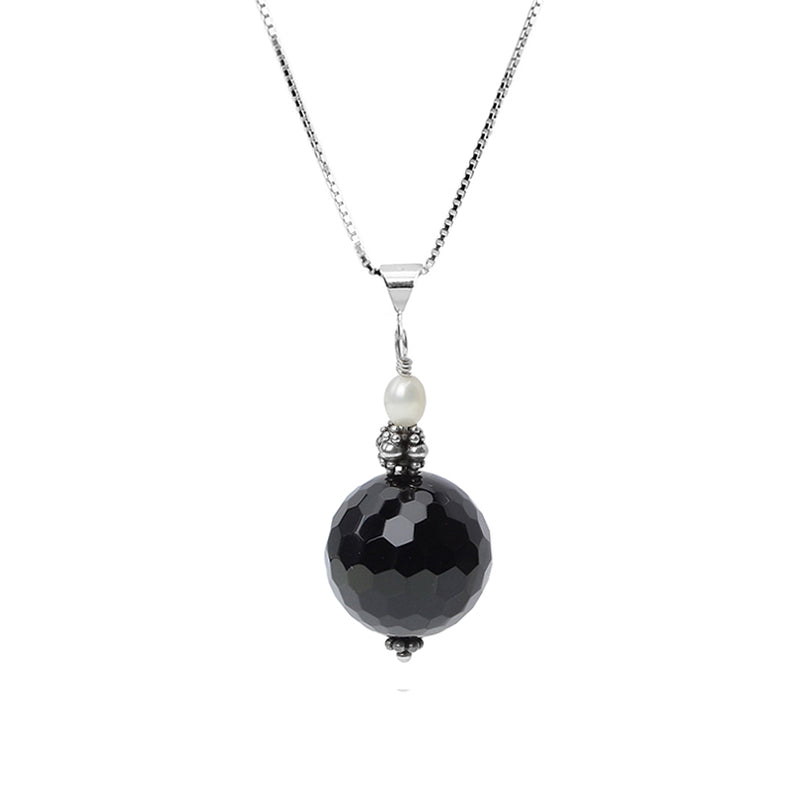 Elegant Black Onyx and Fresh Water Pearl Sterling Silver Necklace