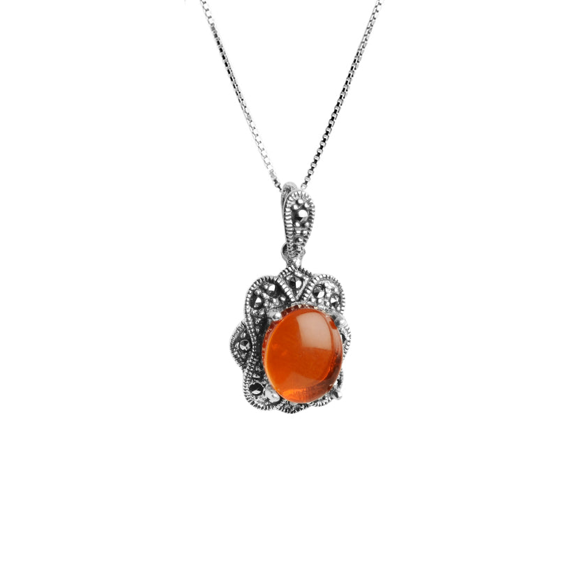 Pretty Baltic Cognac Amber and Marcasite Sterling Silver Necklace