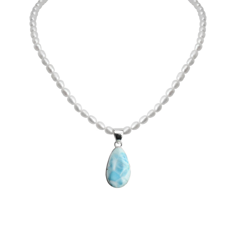 Lovely Larimar and Fresh Water Pearl Sterling Silver Necklace 15" - 17"