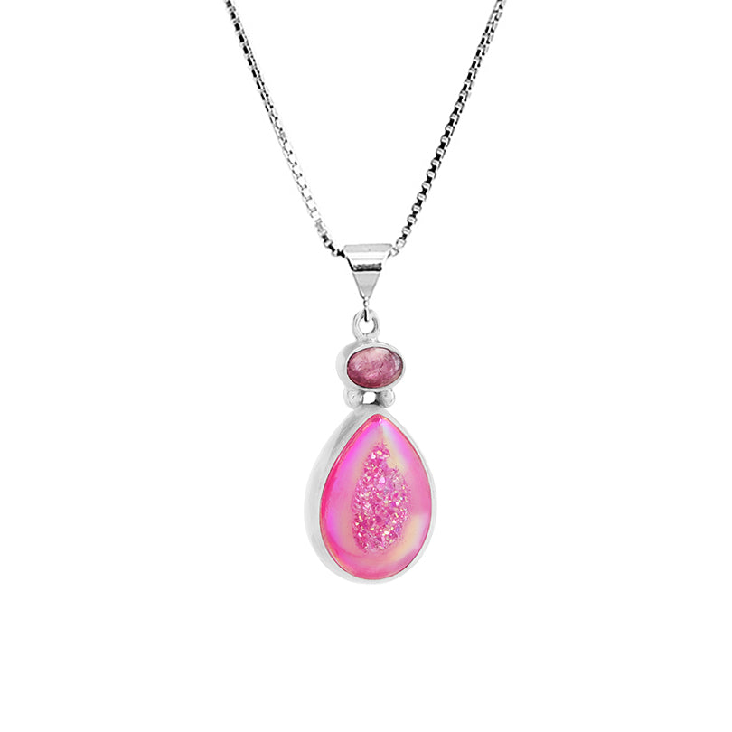 Rose Titanium Drusy with Tourmaline Sterling Silver Necklace