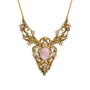 Victorian Style Pink Shell Marcasite 14kt Gold Plated Statement Necklace