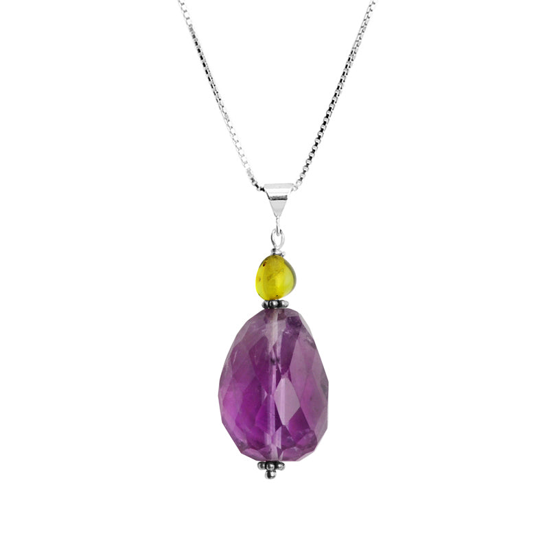 Deep Purple Faceted Amethyst Stone and Caribbean Green Amber Sterling Silver Necklace