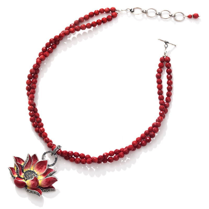 Gorgeous Lily Flower Coral Sterling Silver Statement Necklace