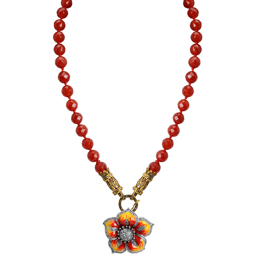 Sunshine Bright Carnelian Gold Plated Marcasite Flower Necklace