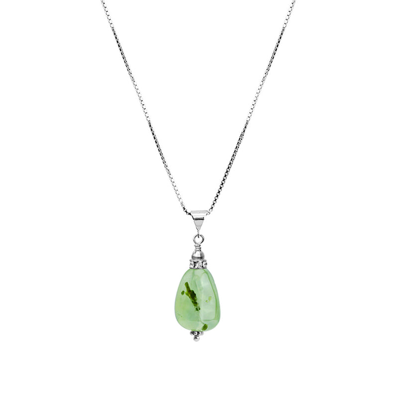 Beautiful Sea Foam Green Prehnite With Sparkling Crystal Accent Sterling Silver Necklace