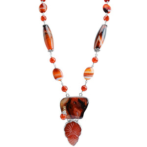 Vibrant Colors of Stripped & Carved Carnelian Sterling Silver Statement Necklace