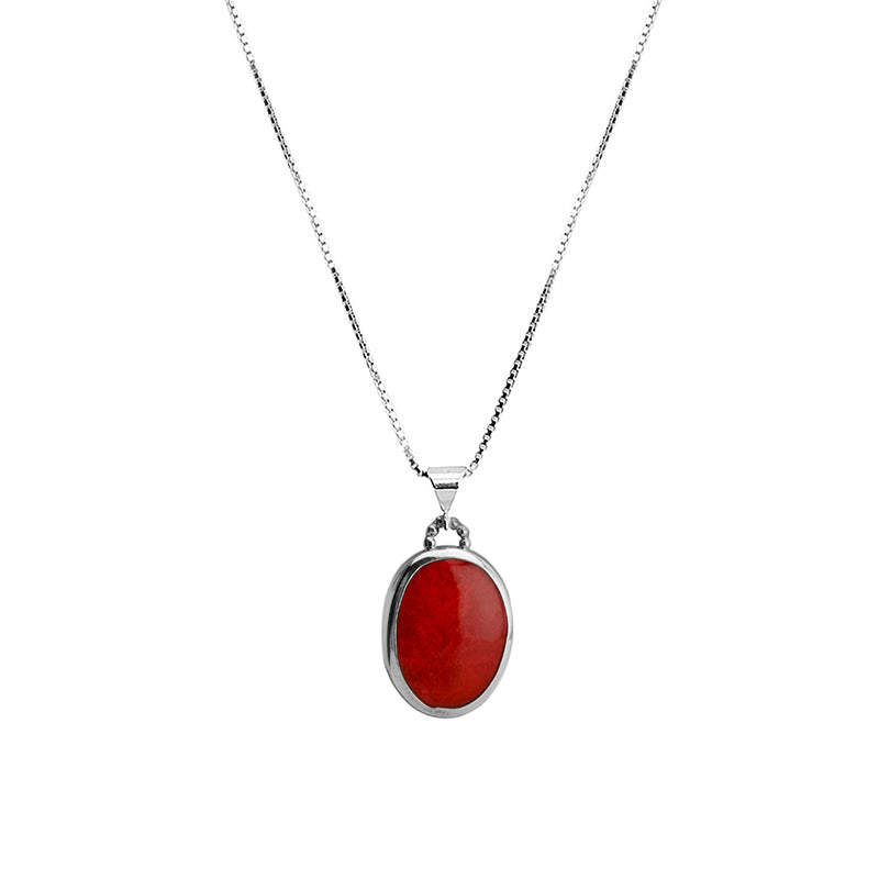 Balinese Petite Oval Red Coral Sterling Silver Necklace