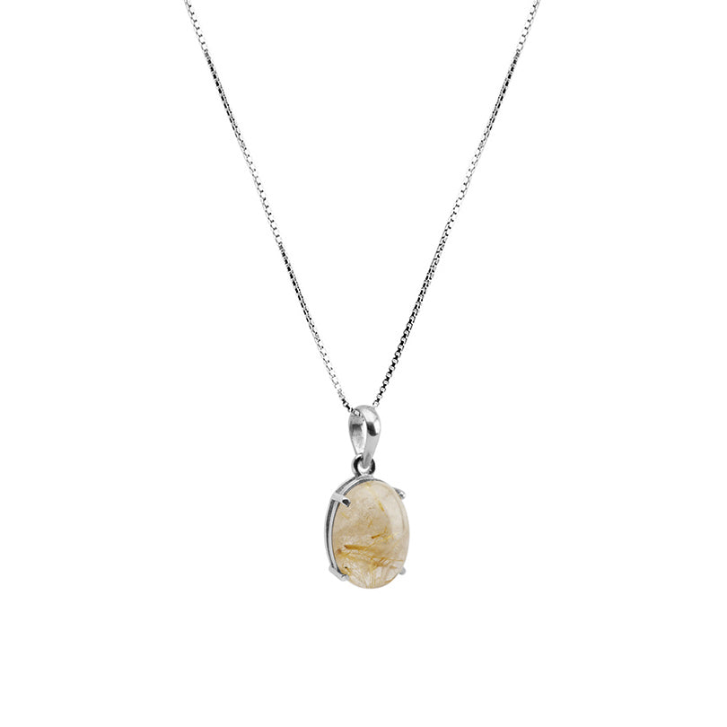 Lovely Gold Rutilated Quartz Drop Sterling Silver Necklace