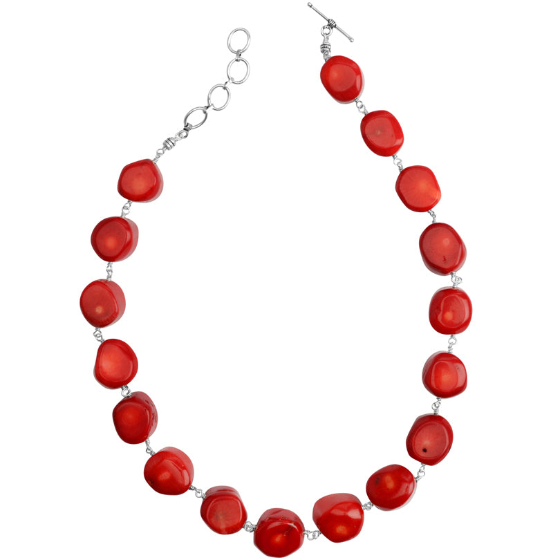 Vibrant Bold Coral Nuggets Sterling Silver Toggle Statement Necklace