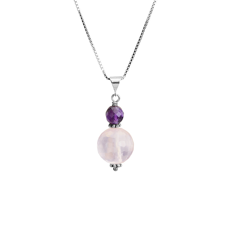 Faceted Rose Quartz and Amethyst Sterling Silver Necklace